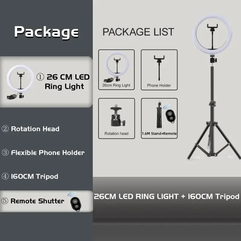 LED Ring Light with Tripod Stand - 10in and 12in Adjustable Studio Lighting 10in Ring BK160cm Tidesmit