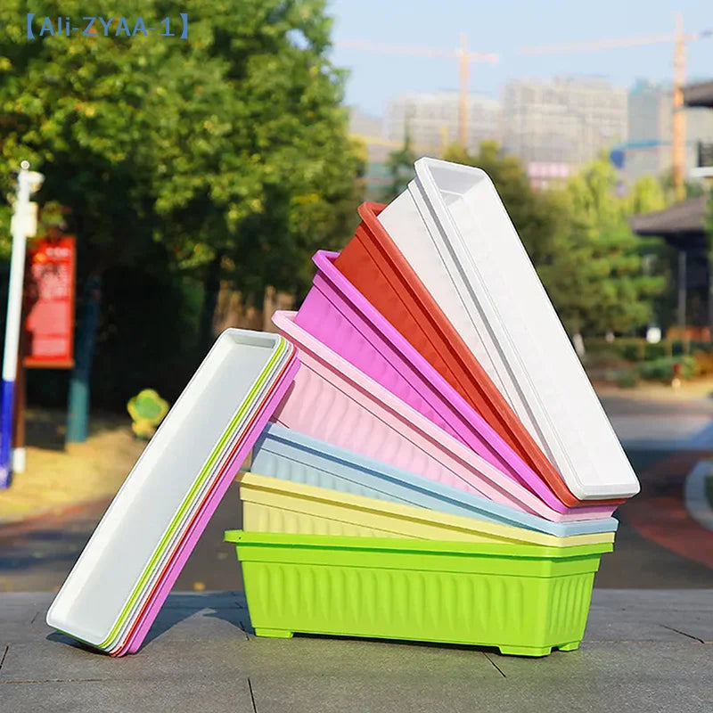 Rectangular plastic vegetable planter set, stacked in white, red, pink, and green