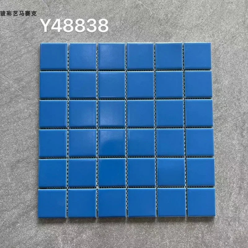 Ceramic mosaic wall tiles sheet with glossy royal blue squares and dark grout lines