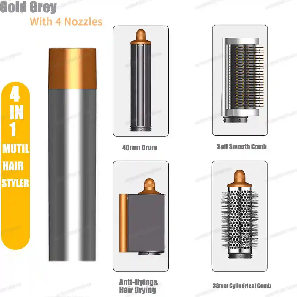 Gold grey 4-in-1 hair styler set with curling barrel, straightening brush, dryer nozzle, and volumizing round comb.