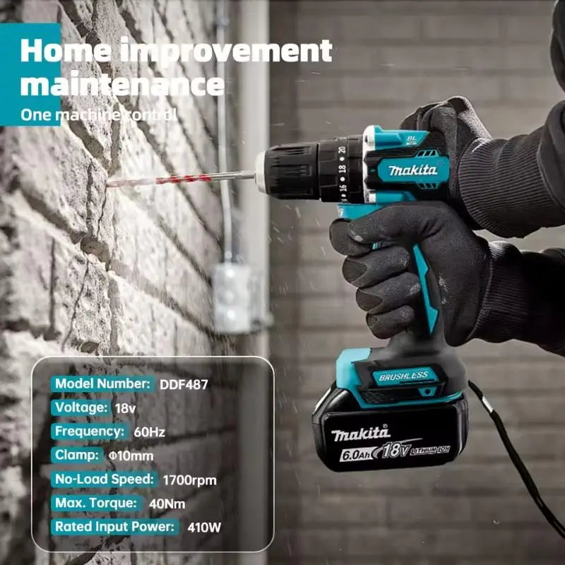 Makita Original. DDF487 Cordless Driver Drill Brushless Electric Impact Screwdriver Rechargeable Power Tool 18V