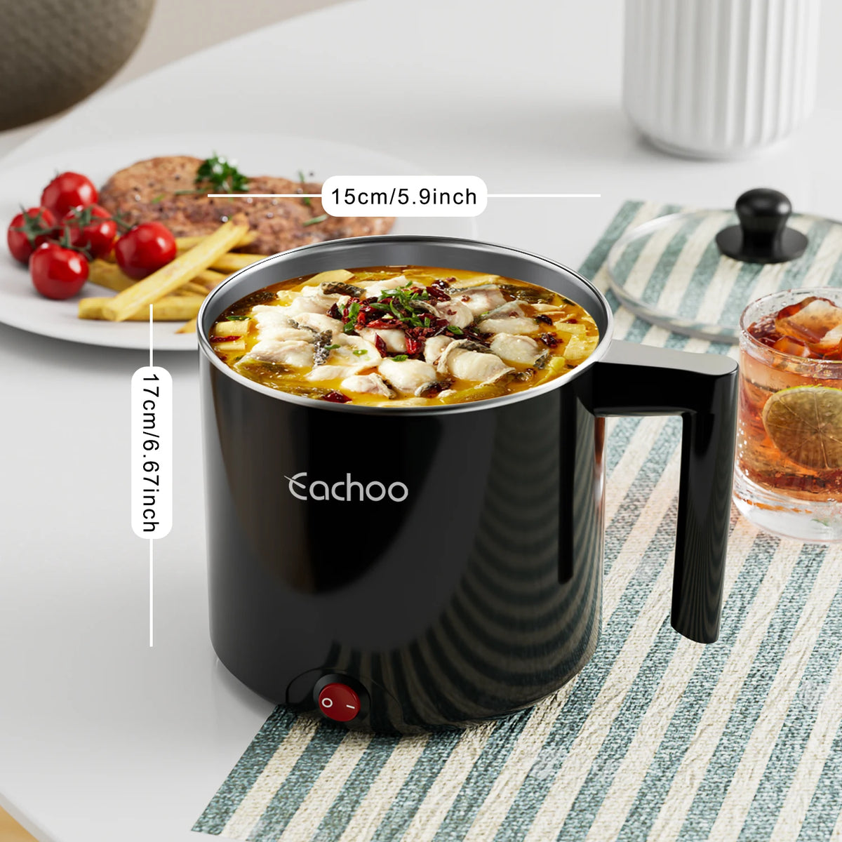 Black electric non-stick saucepan with glass lid, side handle, and red power switch, eachoo