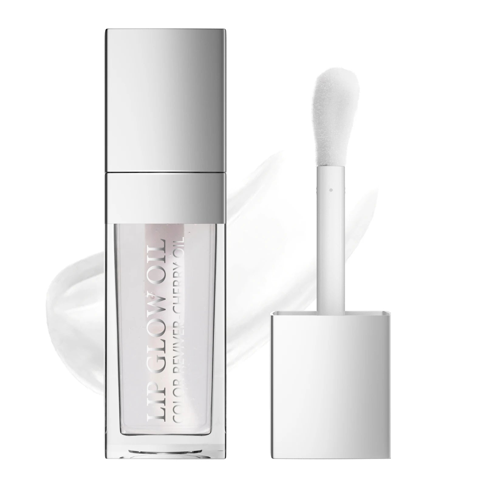 Clear crystal jelly moisturizing lip oil with plumping applicator, high-shine glossy lip glow tint in square bottle.