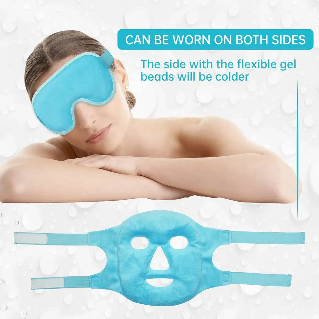 A woman wearing a light blue gel bead eye mask, with a matching full-face gel cooling mask shown below.
