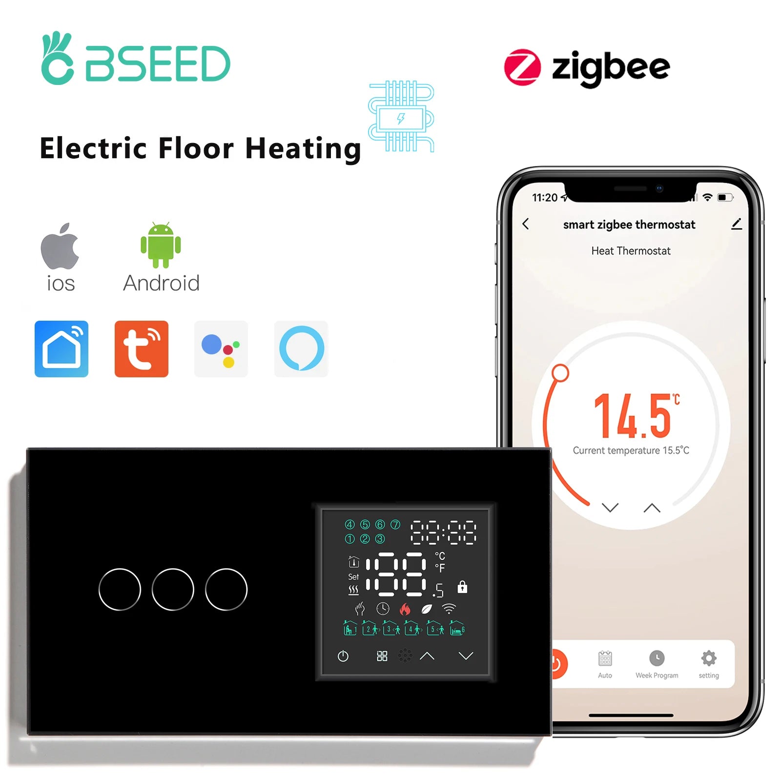 Zigbee electric floor heating thermostat switch, black face with three circular controls