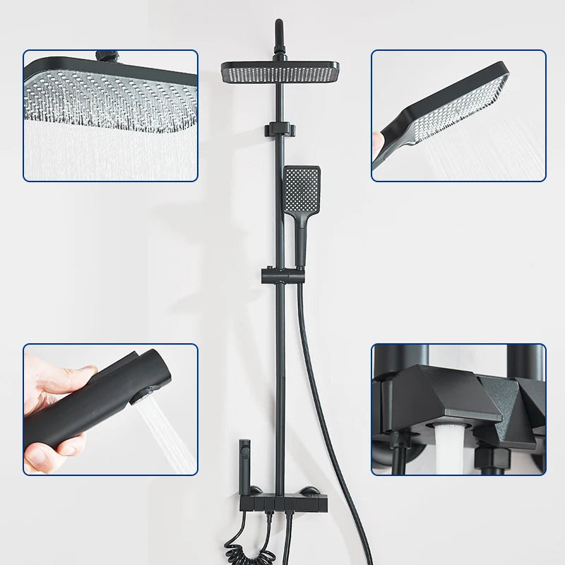 Rozin Black Digital Display Shower Faucet Set Piano Style Rainlfall Bathroom System Grey Digital Mixer Tap Bidet Shower