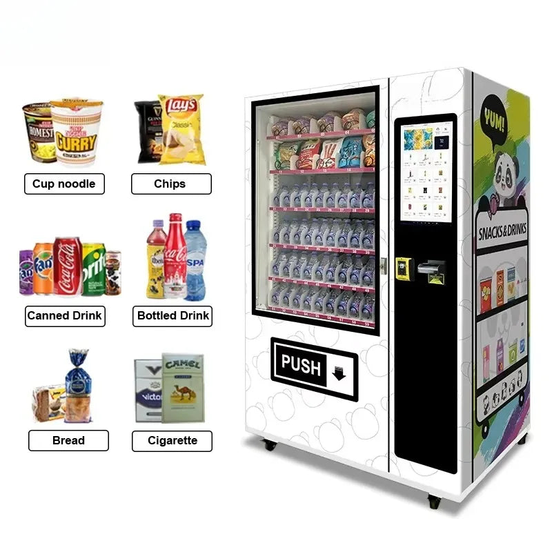 Food vending machine with glass snack display and selection label panel