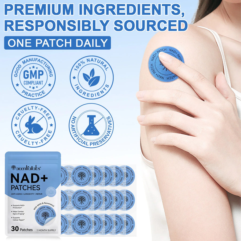 Woman applying round blue NAD+ weight management patch to shoulder. 30-pack body care stickers for natural weight loss.