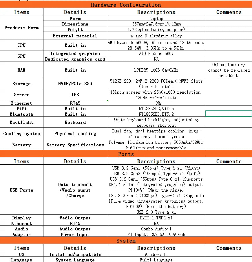 FIREBAT U6B 16" Laptop AMD Ryzen5 6600H LPDDR5 16GB RAM M.2 512GB SSD WiFi6 BT5.2 16inch 2.5K 120Hz Screen Windows11 Computer