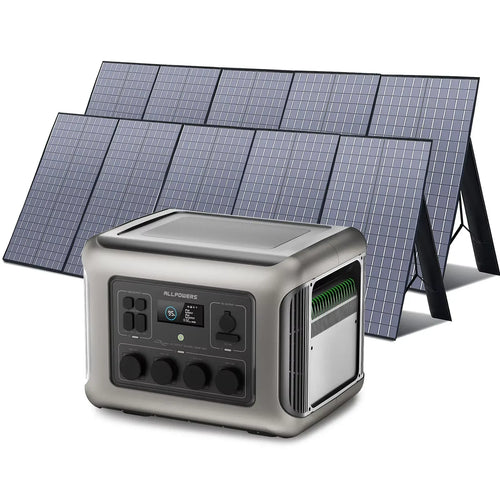 Silver ALLPOWERS R2500 portable power station with digital display and ports, set before large folding solar panels.