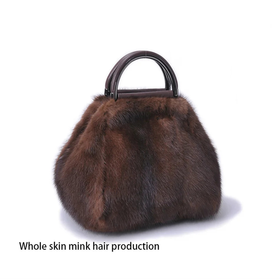 Women's Mink Fur Handbag 2026 New Fashion Designer Fluffy Fur Wrist Bag Large Capacity Soft Shopping Bag Girl Cute Handbag
