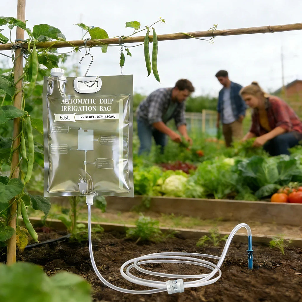 Automatic drip irrigation watering bag with white hoses and blue valve, outdoors on garden soil