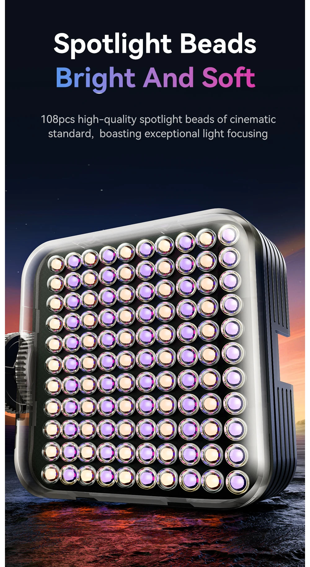 Square spotlight with 108 LED beads behind a clear cover for focused lighting in photography and video.