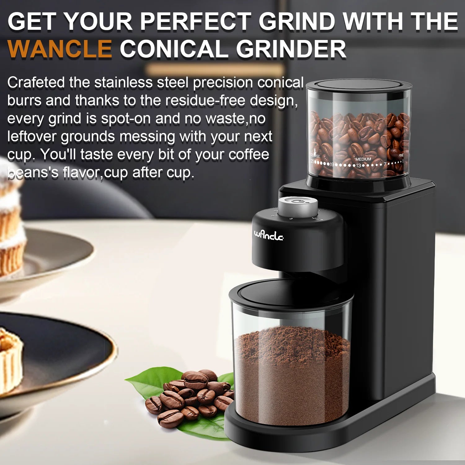 Wancle black conical burr coffee grinder with clear bean hopper and grounds container for precise coffee brewing.