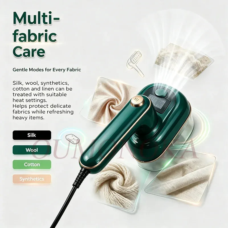 Green handheld clothes steamer with digital display, multi-fabric care settings for silk, wool, and cotton, and gentle steam.