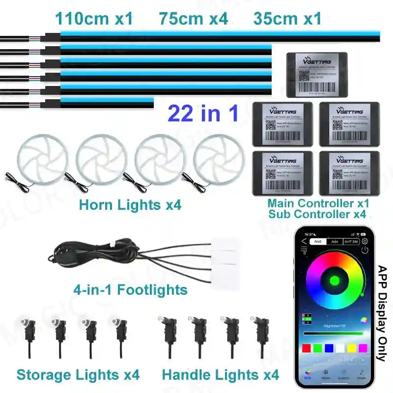 22-in-1 car LED ambient lighting kit with strip lights, ring lights, foot, storage, and handle lights with controllers.