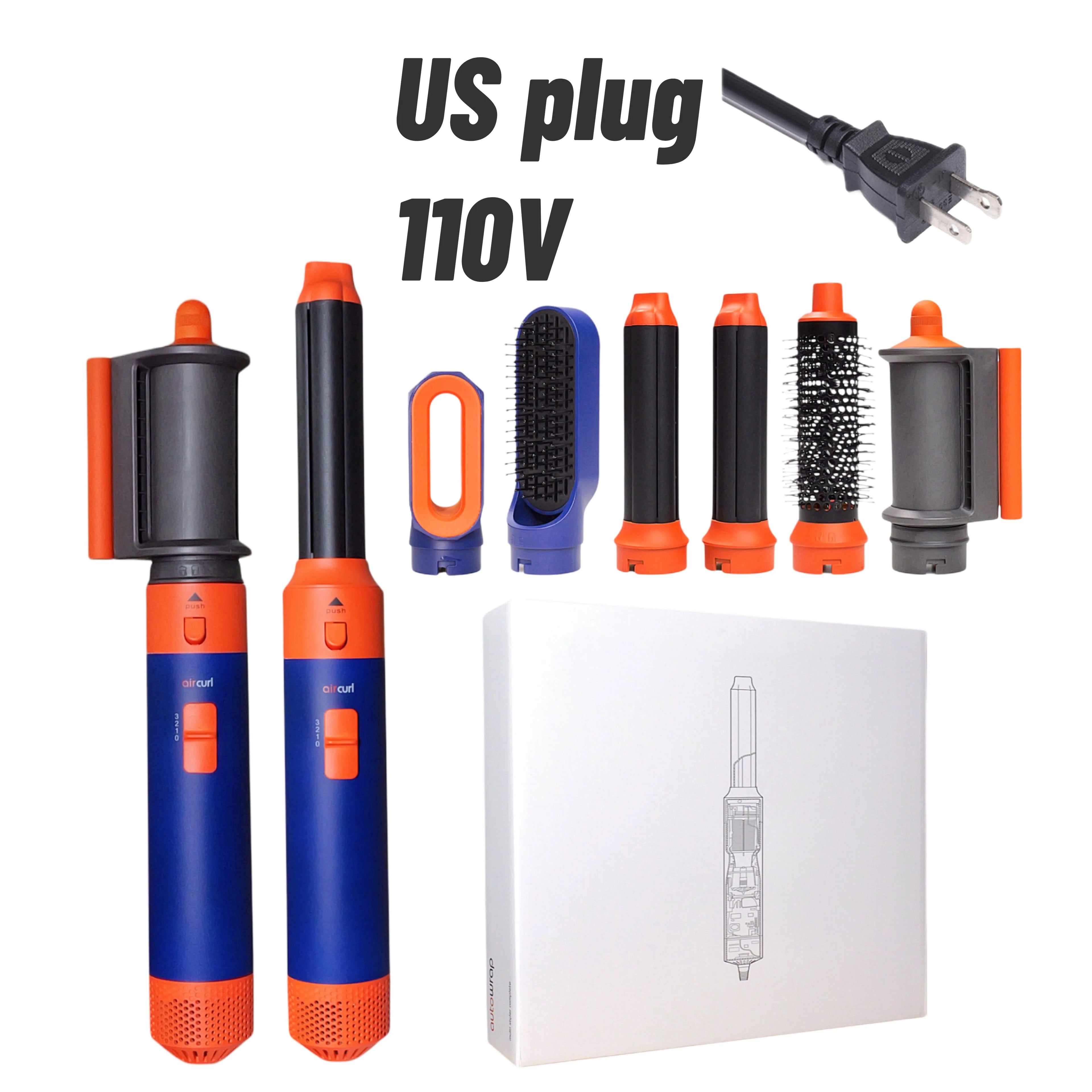 6-in-1 hot air styler with curling barrels and brush attachments in blue and orange. 110V US plug hair drying set.