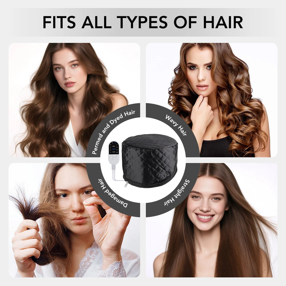 Black quilted electric hair steamer cap for deep conditioning with 9 heat levels and timer for all hair types.