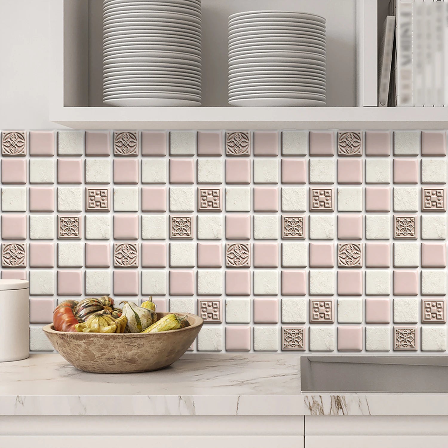 10pcs Flat Mosaic Tiles Sticker Set Kitchen Bathroom Wall Decals Gloss Waterproof Film 2D Surface Cover Transfers for Home Decor