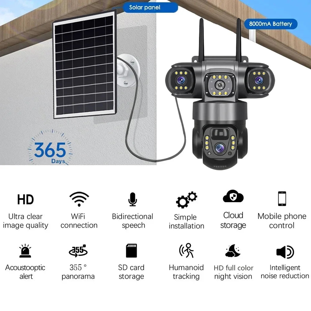 8K HD Solar Security Camera WiFi Wireless Outdoor Dual Lens Solar IP Camera PIR Human Detection Night Vision Battery CCTV Camera