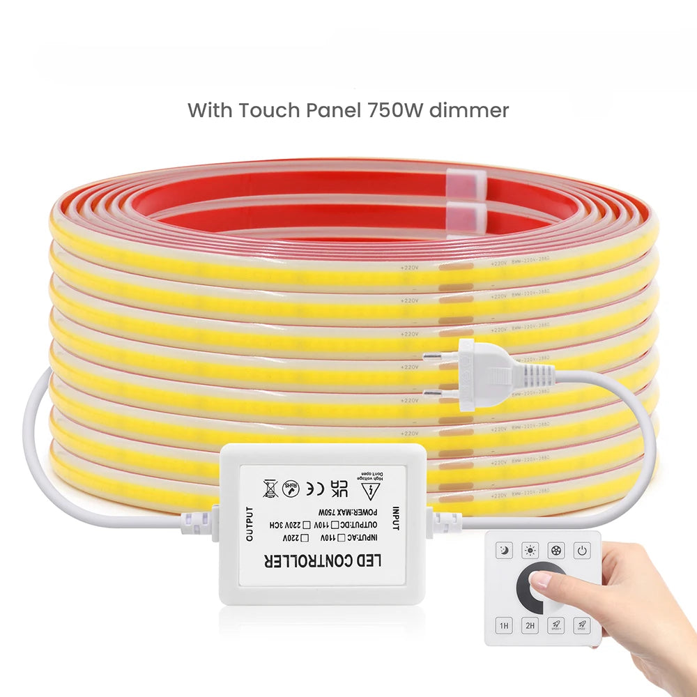 220V Dimmable COB LED Strip Light WIFI Bluetooth Wall Touch 23key Remote Control Power Kit 288LEDs/M Waterproof Flexible Lamp