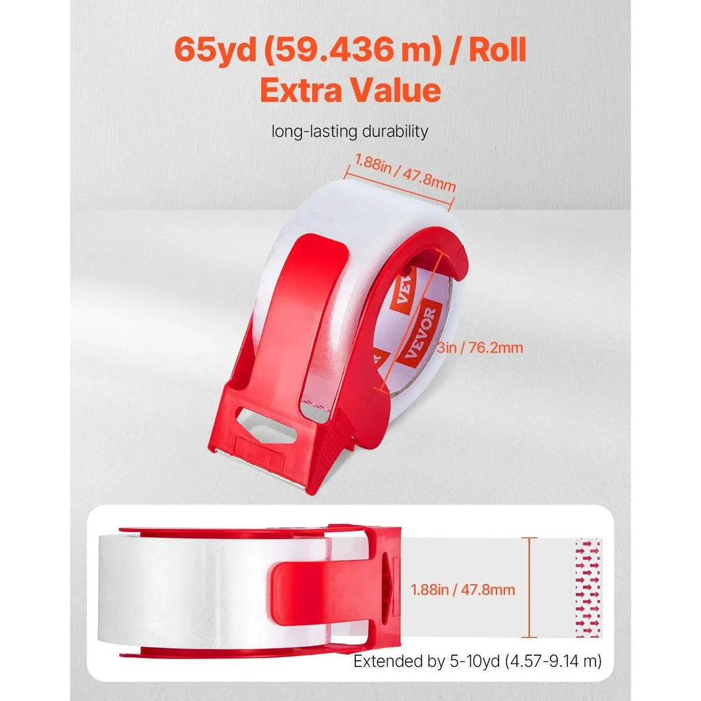 Clear packing tape roll with red dispenser, 1.88 in wide tape measurement