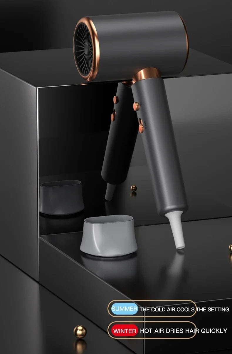 2000W professional ionic hair dryer in matte grey with rose gold trim, featuring attachments for fast salon drying.