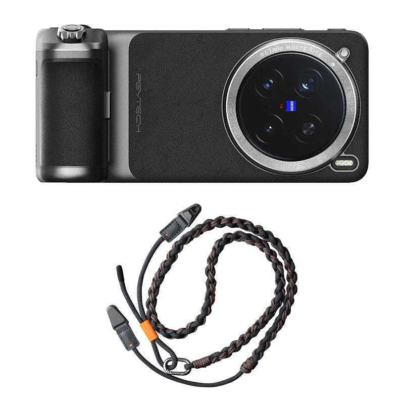 Black smartphone camera grip case with a large circular lens mount and a braided fabric neck strap.