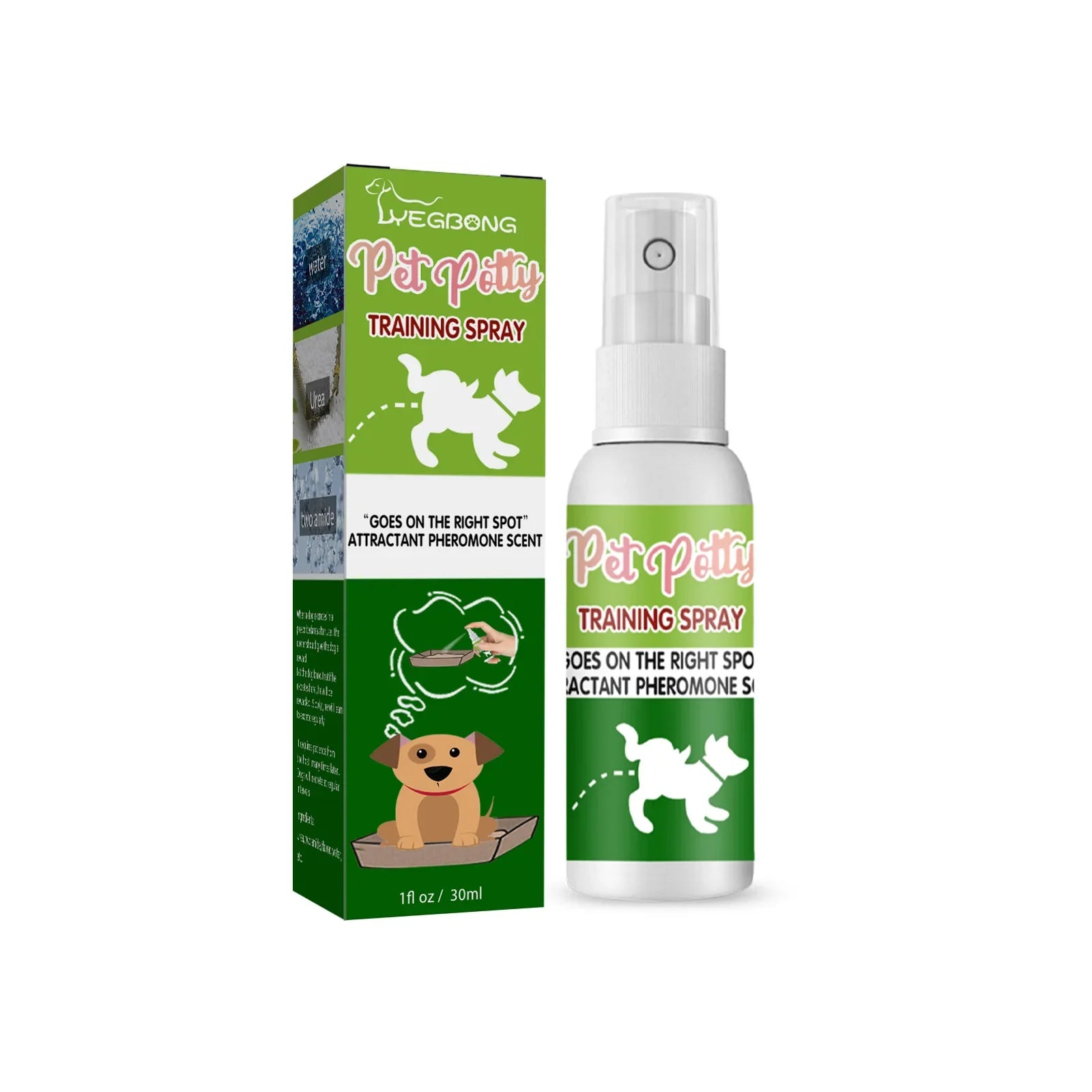Pet potty training spray with pheromone scent in 30ml bottle for fast puppy indoor toilet and housebreaking success.