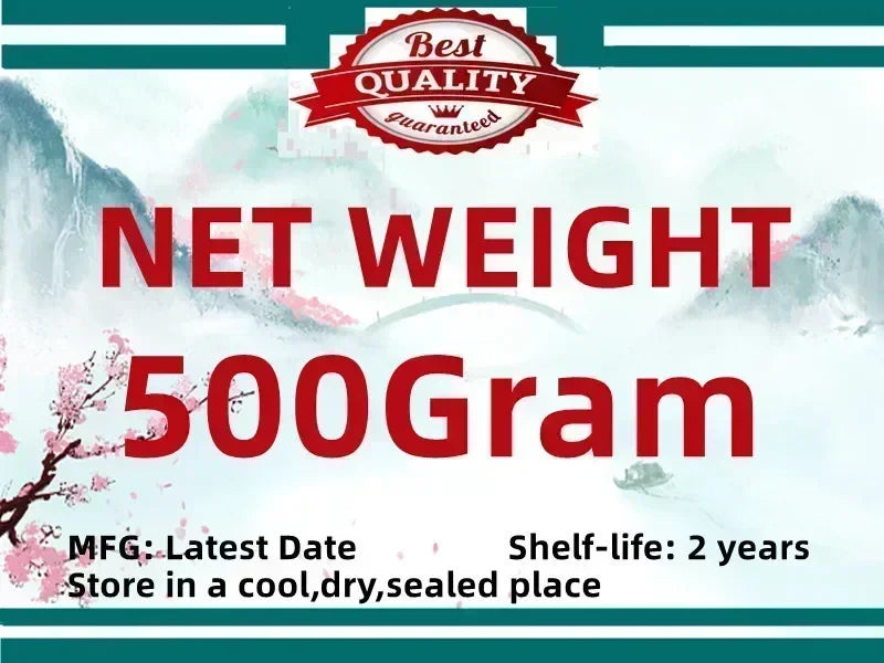 500g adaptogen mushroom powder supplement packaging with quality assurance label.