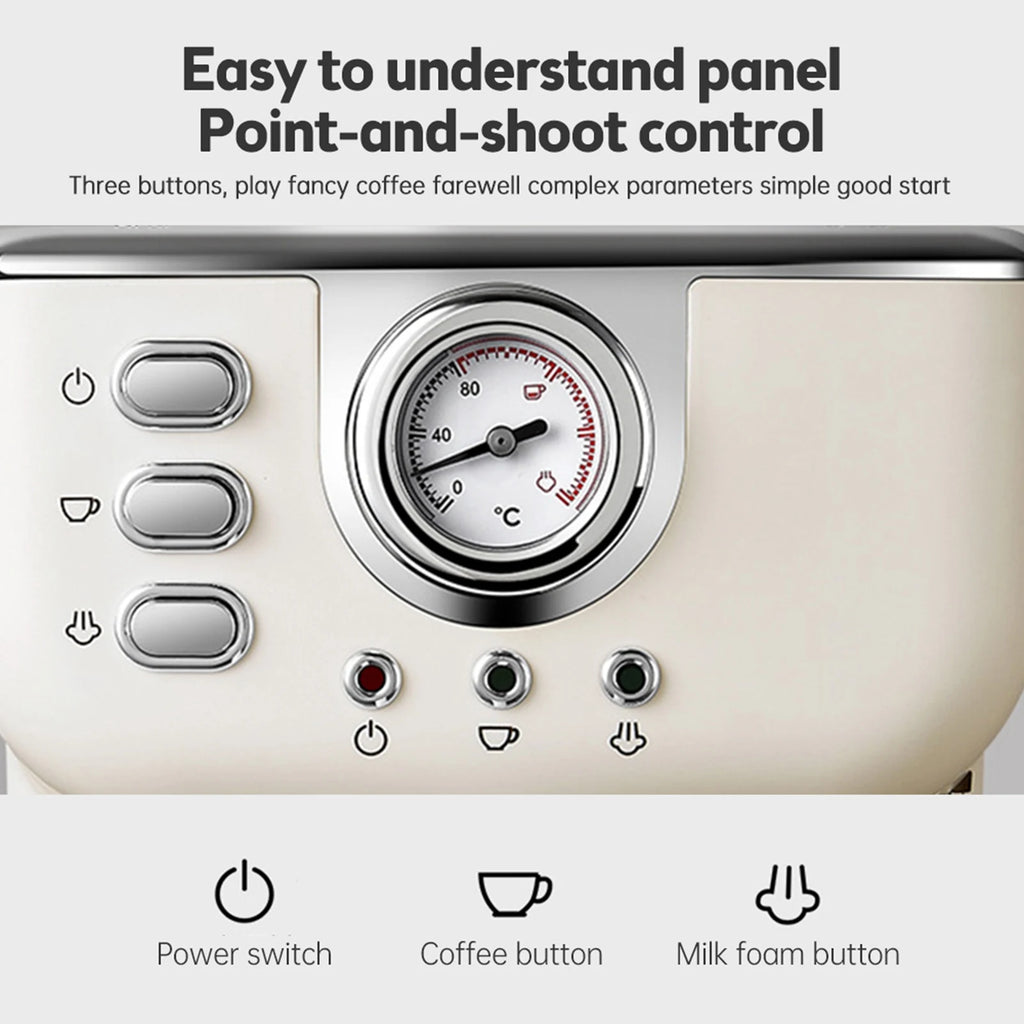 Cream-colored espresso machine control panel with analog temperature gauge and three buttons for coffee and milk foam.