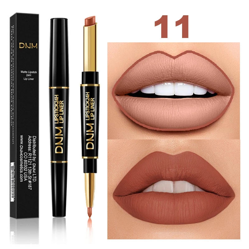 DNM 2-in-1 waterproof matte lipstick and lip liner pencil in nude shade 11 with smooth, long-lasting finish.