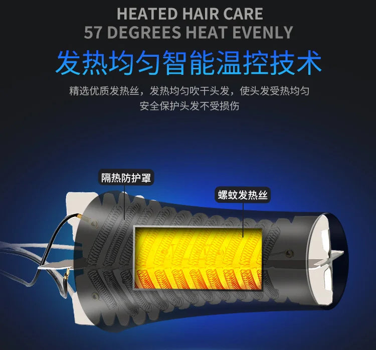 1800W professional hair dryer internal view showing helical heating wire and heat shield for safe, even heat styling.