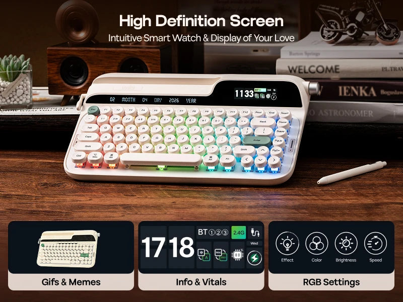 EPOMAKER Glyph 75% ANSI US Layout Wired/2.4Ghz/BT Wireless Typewriter Retro Mechanical Keyboard with TFT Screen & Rotary Knob