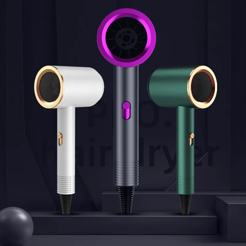 Professional high-speed negative ion hair dryers in white, grey, and green with sleek, ergonomic, modern designs.