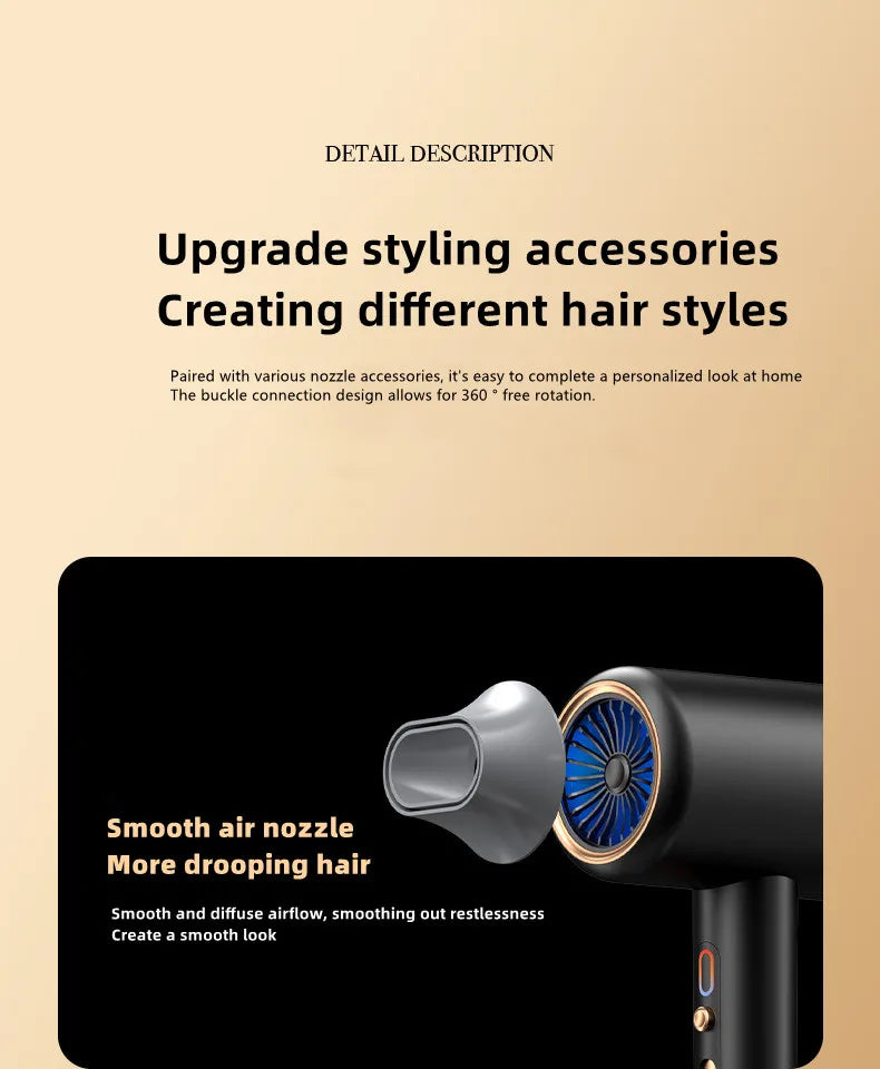 Black 2400W high-speed hair dryer with blue light, gold rim, and magnetic smoothing nozzle for professional styling.