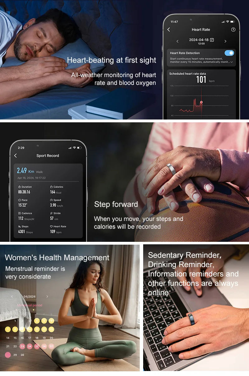 Women Men Fashion Smart Ring Fitness Tracker Health Sleep Monitor Blood Pressure Heart Rate Oxygen Monitor for Running, hiking