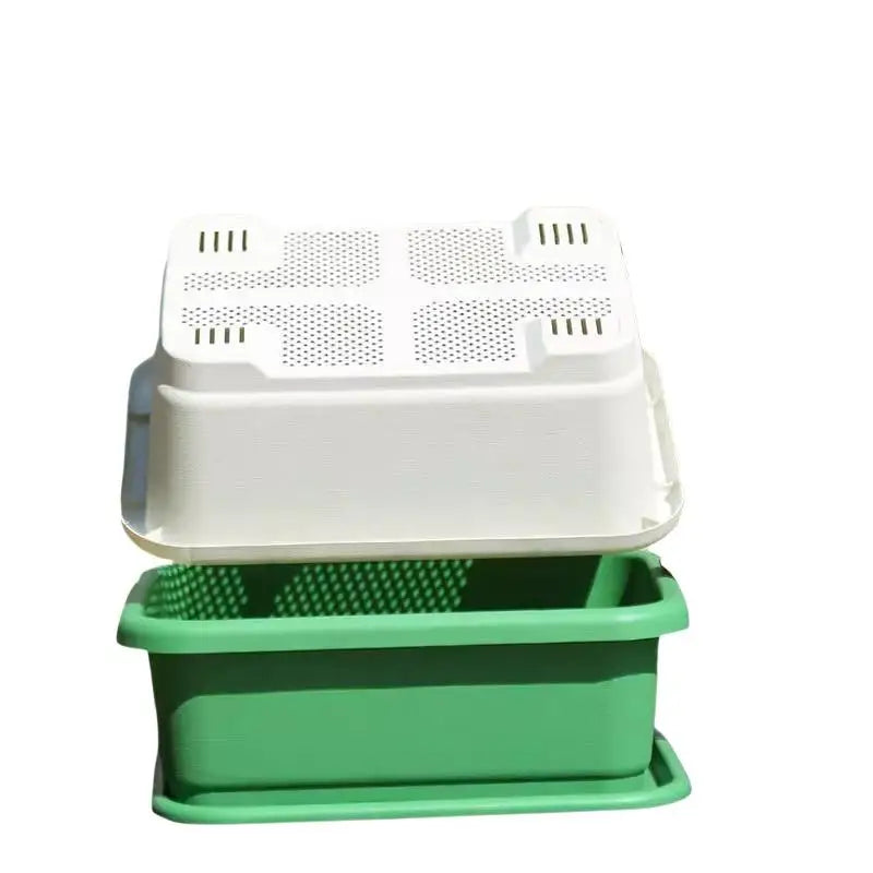 White and green plastic rectangular planter set with perforated insert and base tray
