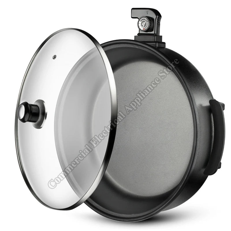 Electric non-stick hot pot with stainless lid and black base, featuring a top control module.