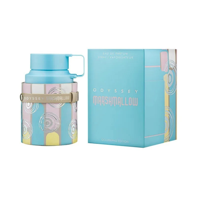 Armaf Odyssey Marshmallow Eau de Parfum: Unisex gourmand spray in a unique cylindrical blue bottle with box.