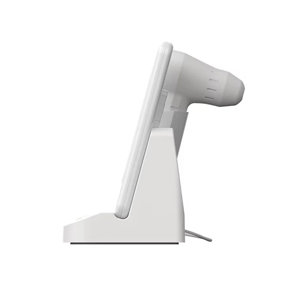 Side view of white 10-inch HD scalp microscope and hair analyzer device on a stand for professional hair health testing.