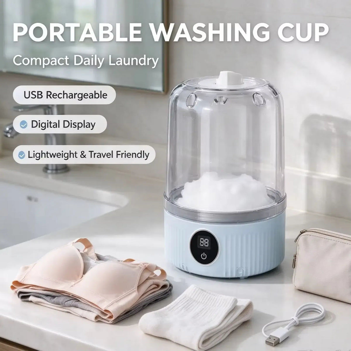 Portable washing cup for compact daily laundry, USB rechargeable with digital display for travel.