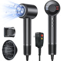 Black high-speed negative ion hair dryer with diffuser, concentrator nozzle, and sleek ergonomic LED control design.