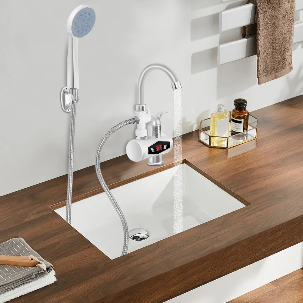 Electric Faucet, Stainless Steel Quick Heating 3000W, Kitchen Faucets with LCD Temperature Display, IPX4 Waterproof, Water Flow Control, EU Standard