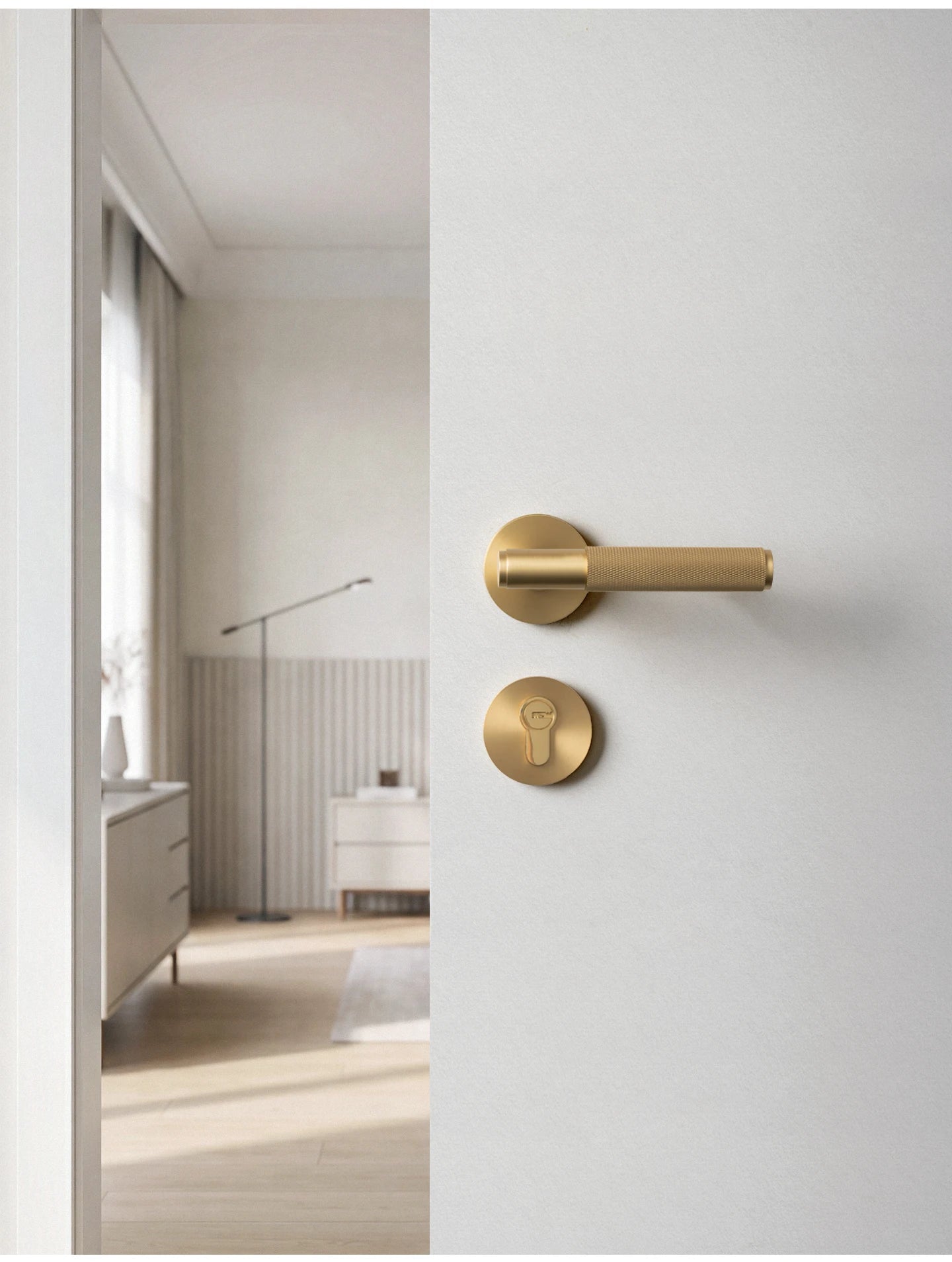 DOOROOM Brass Door Lock Set Modern Knurled Matte Brushed Copper Interior Door Lock Decorative Lock Privacy Lock Passage Lock