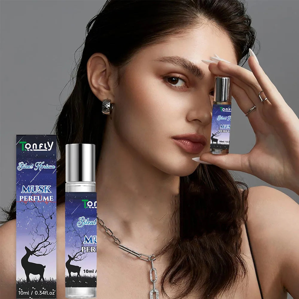 Silent Horizon 10ml musk perfume roll-on in a cylindrical glass bottle with a dark starry forest and deer label.