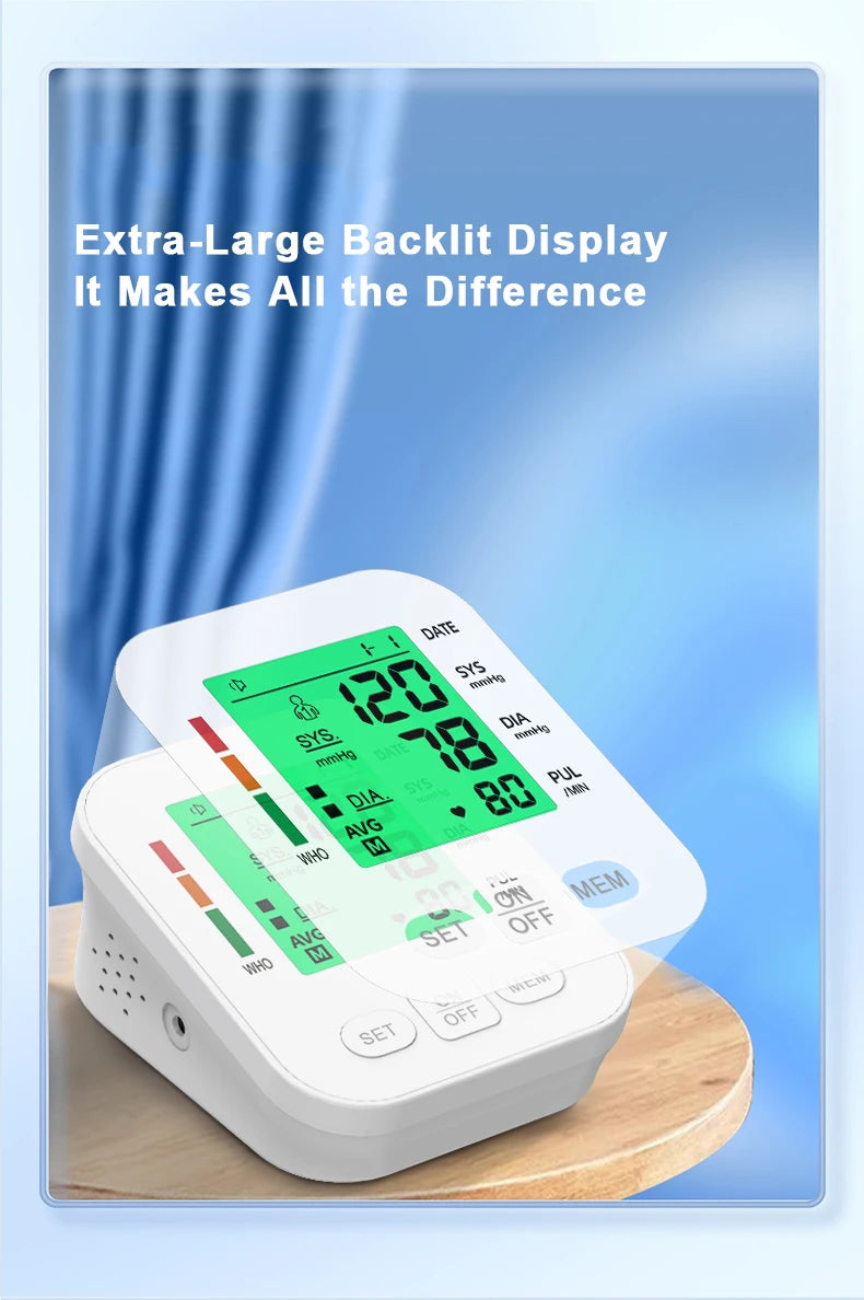 LCD Backlight Blood Pressure Test Kit Upper Arm BP Monitor Automatic Tonometer Digital Sphygmomanometer for Home Use Health Care