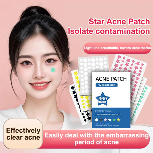 Hydrocolloid acne patch set with star-pattern sheets in yellow, pink, white, and black