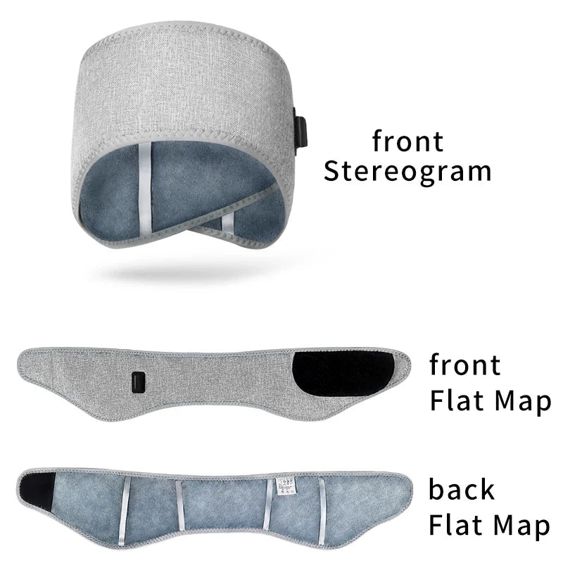 Grey heated head massager for migraine relief with red light therapy, shown in wrap and flat views.