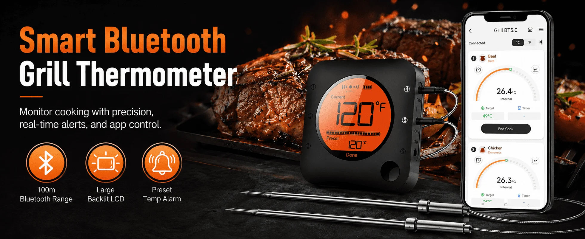 Bluetooth Meat Thermometer Digital BBQ Kitchen Thermometer Support 6 Probe for Smoker Cooking Grill Oven Candy